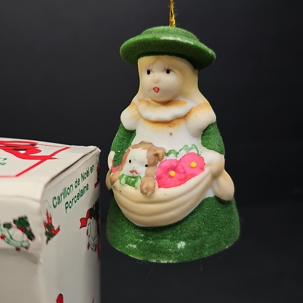 Jasco Lil Chimers Girl with Cat & Flowers Ornament - 3.25" - Bell, Green Felted